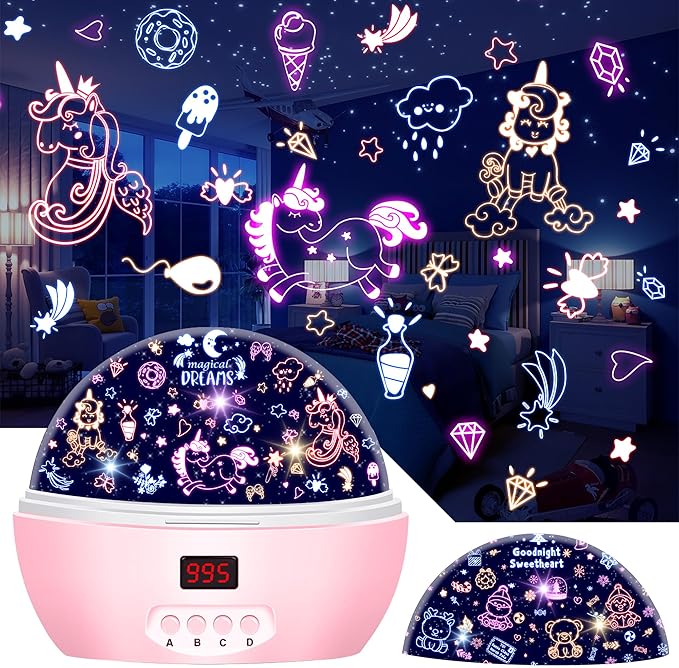 Kid Unicorn Night Light for Girls, and Baby Bear Night Lights Rotating Light Projector with Timer Color Changing Birthday Gifts for 3-5-10 Year Old Girls
