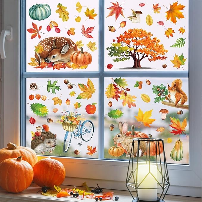 9 Sheets Fall Window Clings Cartoon Rabbit Hedgehog Squirrel Animals Pumpkin Leaves Design Autumn Windows Clings for Glass Thanksgiving Windows Stickers Decor for Home Office Bedroom