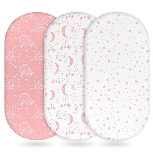 Baby Bassinet Sheets Girl Boy, Fitted Bassinet Sheet Set 3 Pack Bassinet Mattress Sheets Universal Fit for Rectangle, Round, Oval, Hourglass Mattress, Soft Breathable Pink White Moon