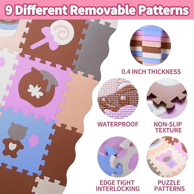 Coolcandy Baby Play Mat, 25Pcs Interlocking Puzzle Floor Mat, with Safety Fence - 0.4" Thick Non-Toxic EVA Foam Play Mat, for Infants & Toddlers 3-36 Months, Soft Puzzle Tiles for Play Areas
