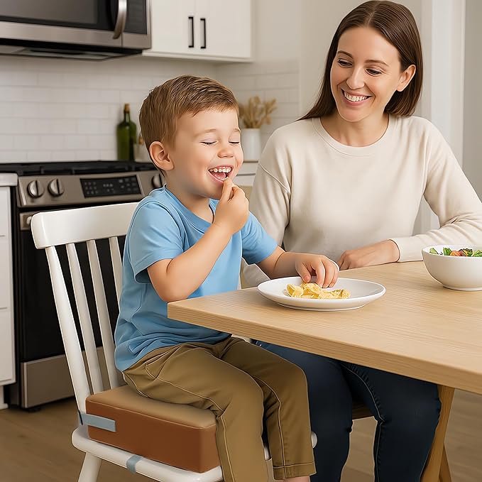Toddler Booster Seat for Dining Table, 2 Elastic Seat Belts, Anti-Scratch PU Skin-Friendly, Waterproof, Anti-Wrinkle, Detachable Non-Slip Bottom - Brown