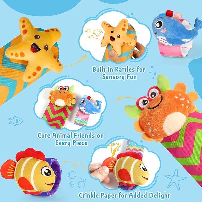 URMYWO Wrist Rattles for Baby - Rattle Socks - Foot Finder Set - Baby Toys for 0-12 Months Infant - Newborn Essentials - Early Learning Sensery Toys for Boys and Girls as Shower Gifts