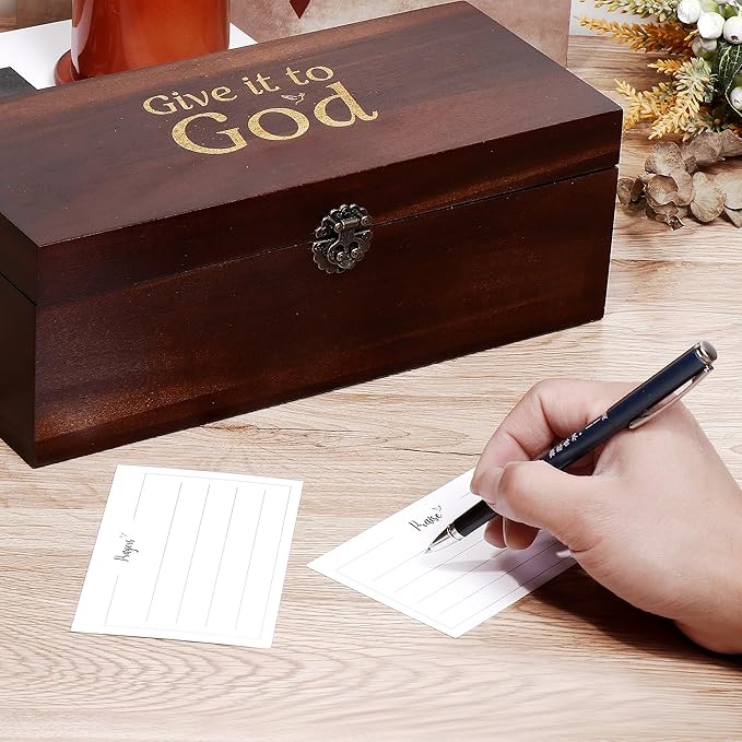 Generic Prayer Box, with Double Sided Cards, Engraved Gold Lettering, Designed Interior, Brown, xinke 3