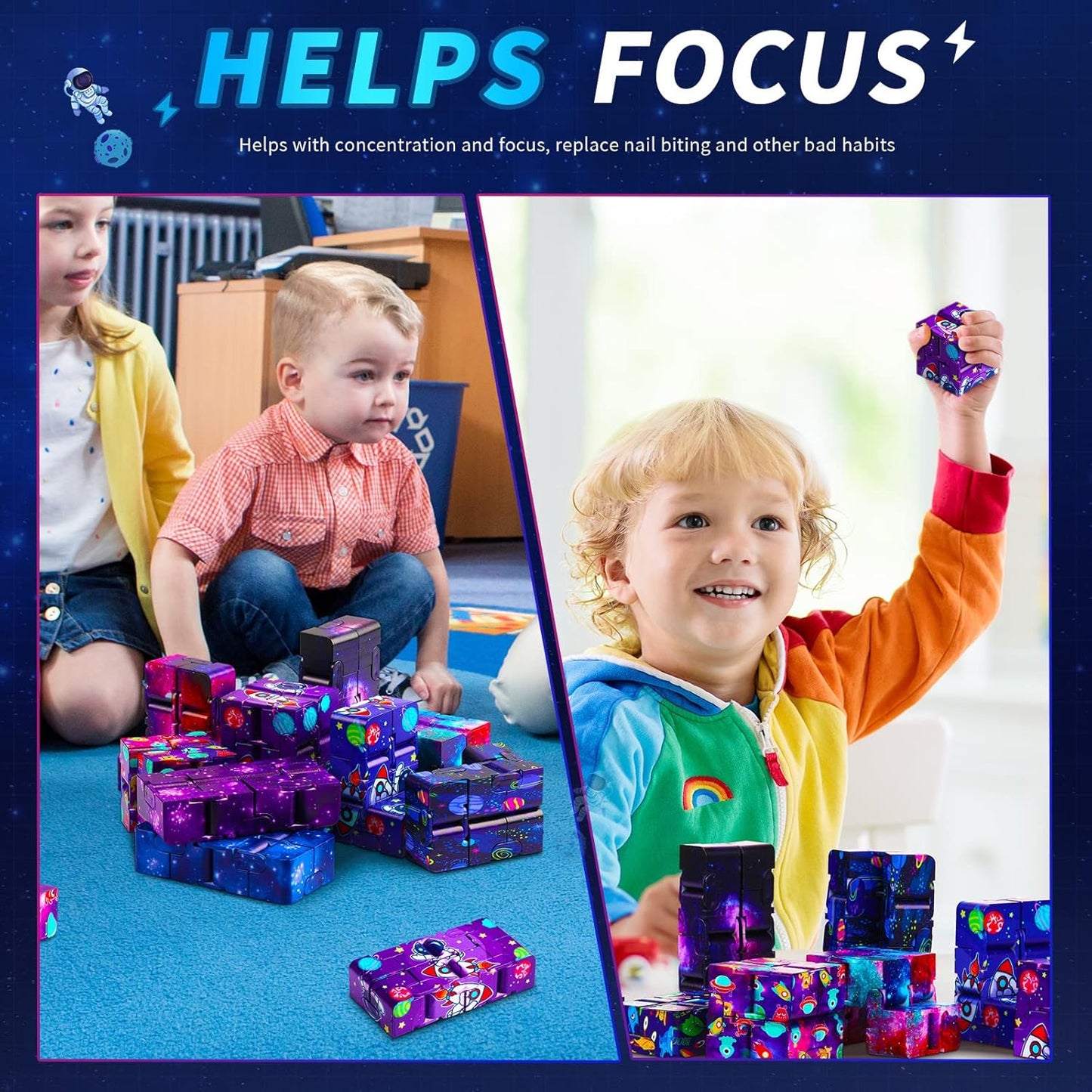 20 Pcs Galaxy Infinity Cube Toy Bulk with Drawstring Bag Mini Blocks Cube Gadget Sensory Toy Stress Anxiety Relief Magic Puzzle Flip Hand Held Fidget Blocks Party Stuffers for Kids Adults ADHD