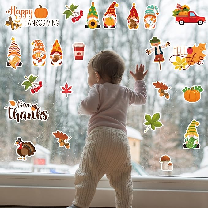 Ferraycle 21 Pcs Thanksgiving Fall Window Gel Clings Autumn Window Gel Clings Turkey Pumpkin Gnome Scarecrow Maple Leaves Decor Stickers Decals for Classroom Harvest Party Decor