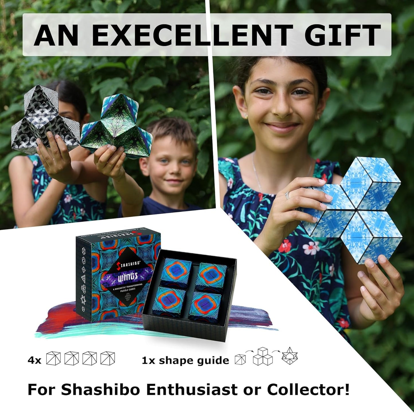 Shashibo Shape Shifting Box - Award-Winning, Patented Fidget Cube w/ 36 Rare Earth Magnets - Transforms Into Over 70 Shapes, Gift Box, Download Fun in Motion Toys Mobile App (Wings, 4 Pack)