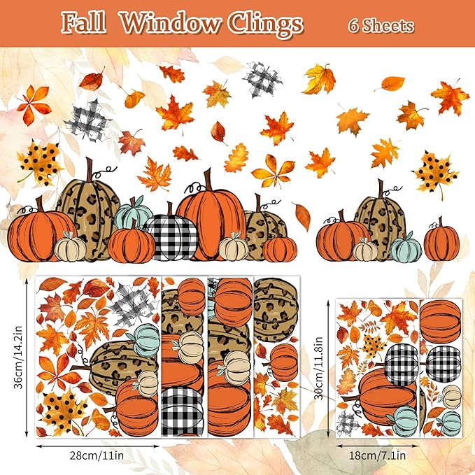 Whaline 138Pcs Fall Window Clings Thanksgiving Autumn Harvest Colorful Pumpkin Leaves Window Decals for Autumn Thanksgiving Home School Office Party Supplies Gifts