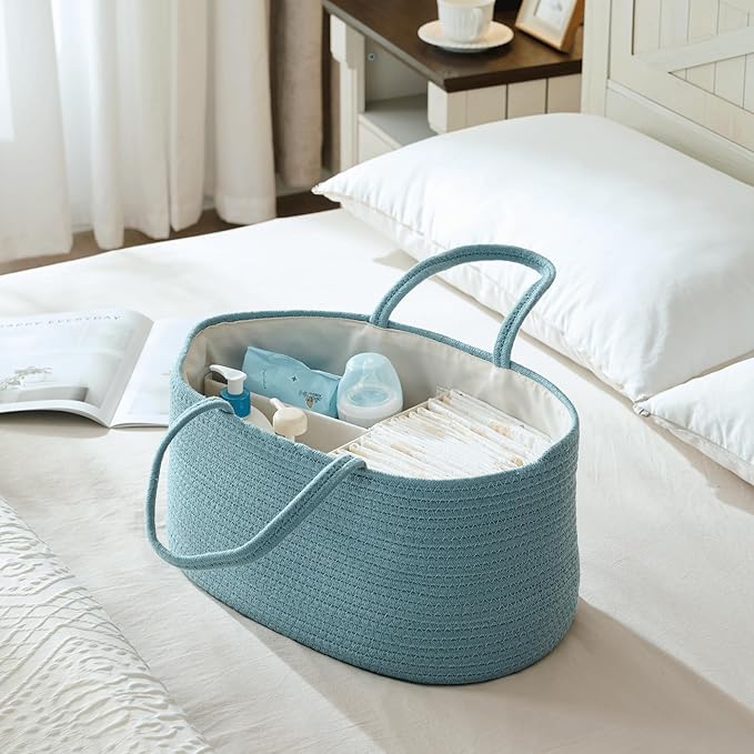Baby Diaper Caddy Organizer, Extra Large Cotton Rope Nursery Diaper Basket, Changing Table Organizer, Portable Tote Bag with Divider, Car Storage, Baby Shower Gifts for Newborn Girls - Lake Blue
