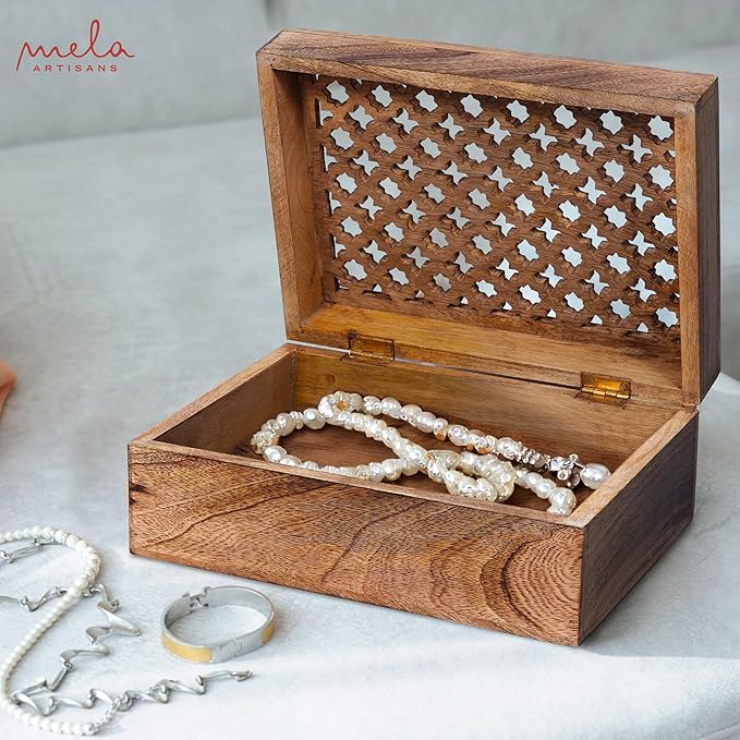 Mela Artisans Wooden Keepsake Box | Medium Burnt Mango Wood Memory & Photo Storage Box with Hinged Lid | Decorative Storage Box | Extra Large | 10.5x7.5x4 Inch