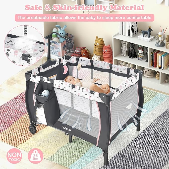 INFANS 3 in 1 Pack and Play, Portable Travel Baby Crib Bassinet with Detachable Mattress, Newborn Changing Table, Foldable Playpen with Carry Bag and 2 Wheels (Cartoon)