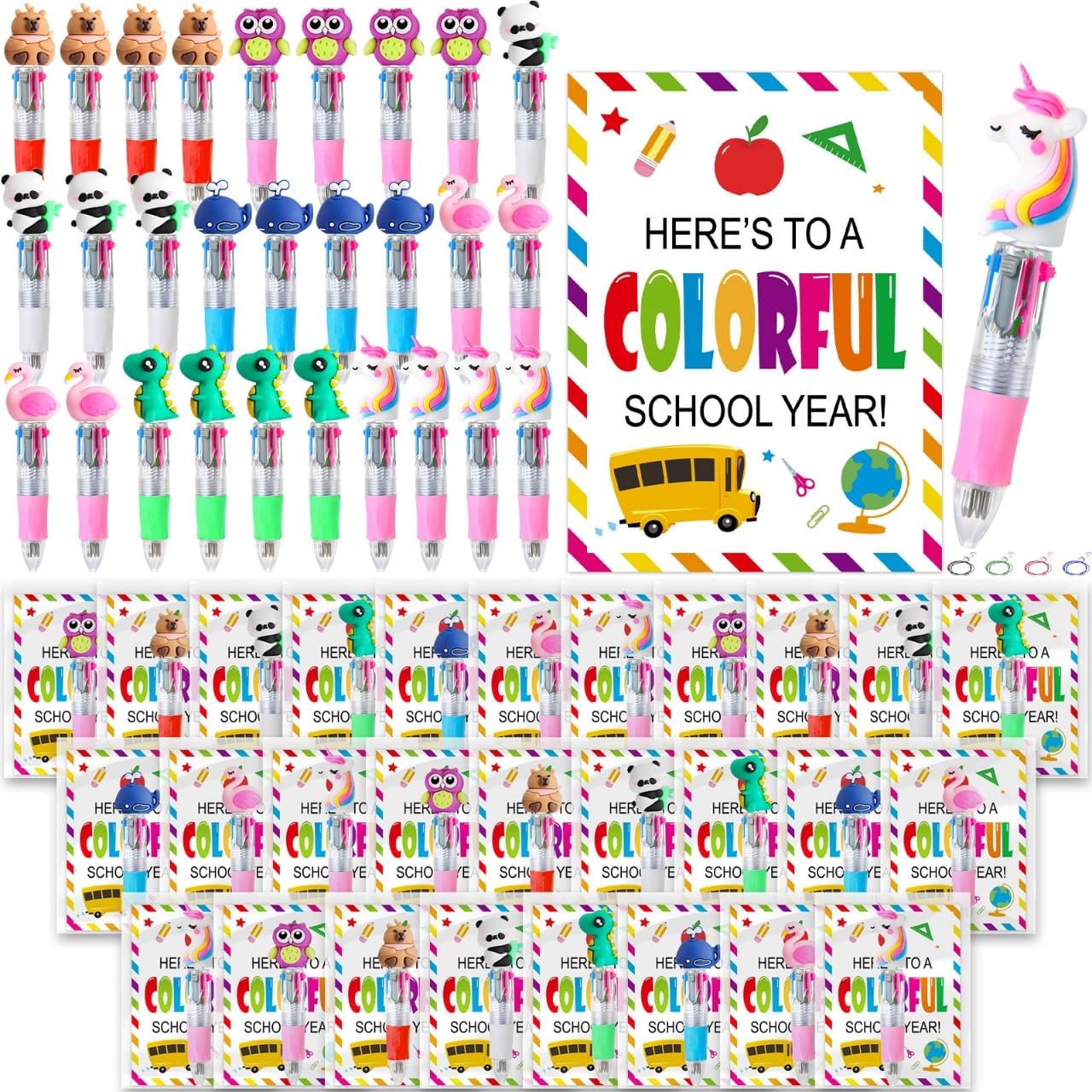 28 Set Back to School Gifts,28 Multicolor Animals 4-in-1 Fun Pens, 28 Welcome Cards and 28 Gift Bags First Day of School Gift for Welcome Back To School Student Gift Bulk Office School Exchange Gifts