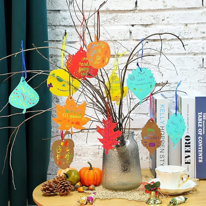 Kasyat 60 Pieces Thanksgiving Scratch Paper Art Set, Fall Scratch Craft Art Colorful Fall Leaves with 60 Pcs Colored Ribbons 10 Pcs Sticks for Kids Autumn DIY Supplies