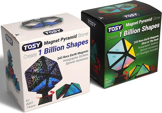TOSY Magnet Pyramid - 1 Cube Transforms into 1 Billion Shapes, 12 Pieces, 243 Rare Earth Magnets, Glowing, Holographic Magnet Tiles Creative Puzzle STEM/STEAM Toy, Mixed Set