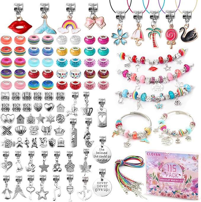 CLOYAN Charm Bracelet Making Kit for Girls, 115PCS Jewelry Making Kits for Girls with Beads, Jewelry Charms, String Necklace, Bracelets for DIY Craft, Jewelry Making Kit for Girls 8-12.