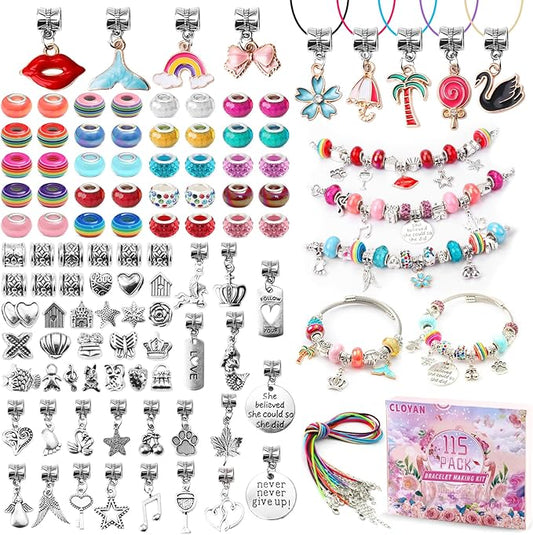 CLOYAN Charm Bracelet Making Kit for Girls, 115PCS Jewelry Making Kits for Girls with Beads, Jewelry Charms, String Necklace, Bracelets for DIY Craft, Jewelry Making Kit for Girls 8-12.