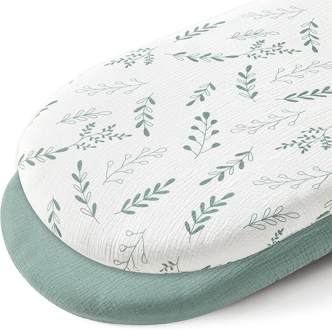 JELLYMONI 2-Pack Muslin Bassinet Sheets for Girls Boys, 100% Cotton Bassinet Mattress Sheets Soft Breathable Universal Fit for Baby Bassinets, Moses Basket, Hourglass Oval and Rectangle Mattress