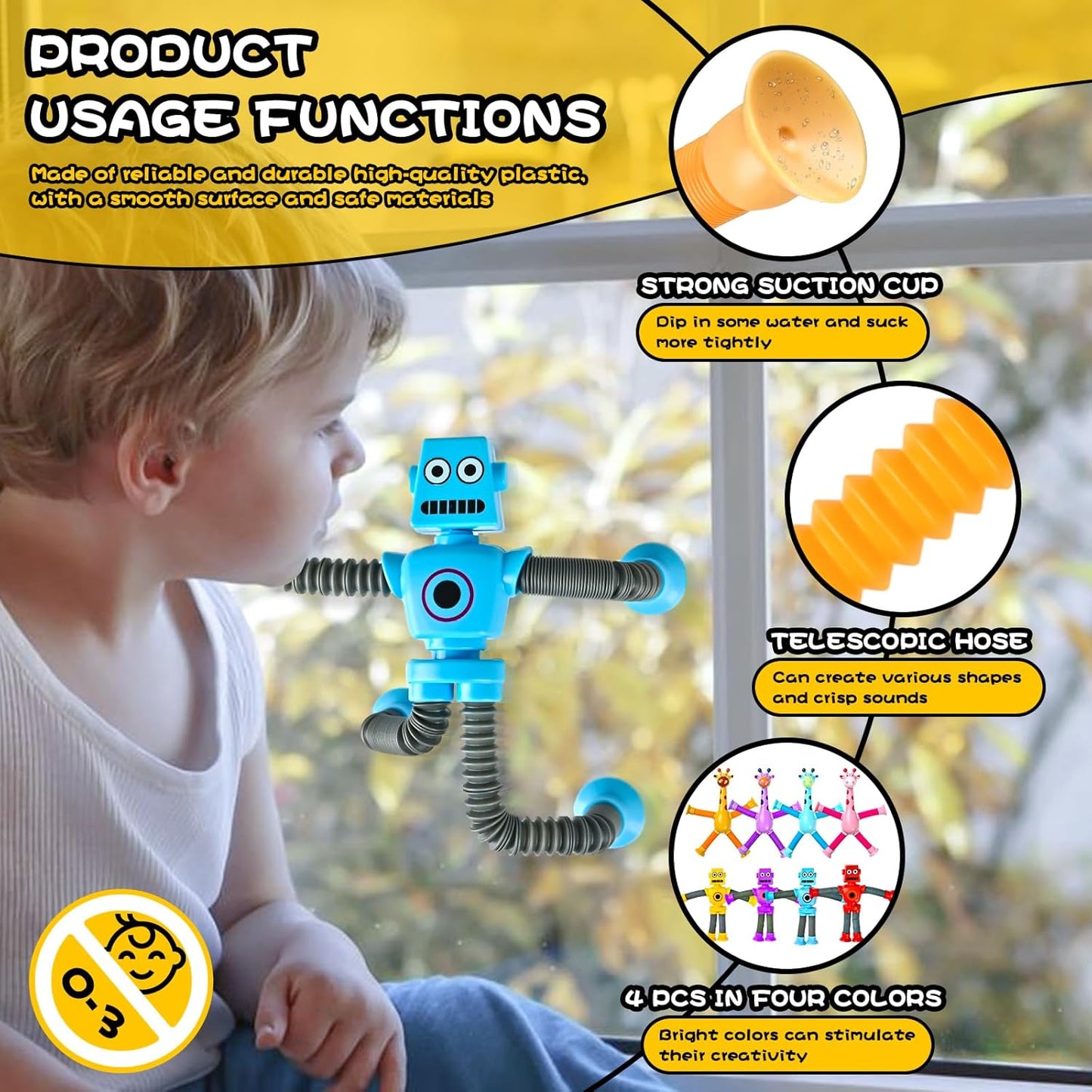 Autism Sensory Toys for Kid Boys Year Old Ages 4 5 6 7 8 9 10(4PCS), Suction Robot Toy Pop Tube Fidget Toys Autistic Travel Toys Valentine's Day Gift Easter Basket Stocking Stuffer for Kids