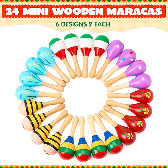 JOYIN 24 PCS Cinco De Mayo Mini Wooden Maracas for Kids, Fiesta Party Favors and Baby Maracas with Wooden Rattle Noisemakers Colorful Maracas Perfect for Cinco De Mayo Party