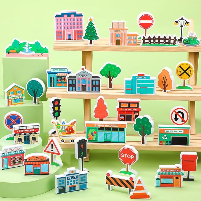 Kathfly 36 Pcs Wooden Community Helpers Community Wooden Toy Preschool Little Professionals Buildings Block Set Multicultural Buildings, Creative Play for Social Learning Educational Model