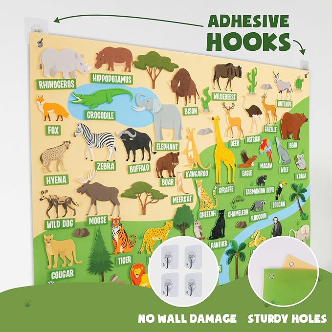 BONNYCO Felt Board for Toddlers with 116 Jungle Animals Figures. Montessori and Sensory Toys, Birthday Gifts for Kids 3-8 Years Old. Educational Games Learning Activities Christmas