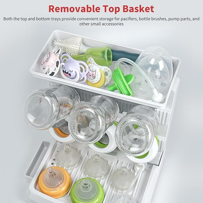 Baby Bottle Drying Rack for 6 Bottles, Vertical Cup Drying Holder, Space Saving Countertop Standing Bottle Dryer Rack for Baby Accessories & Pump Parts (Small White&Grey)