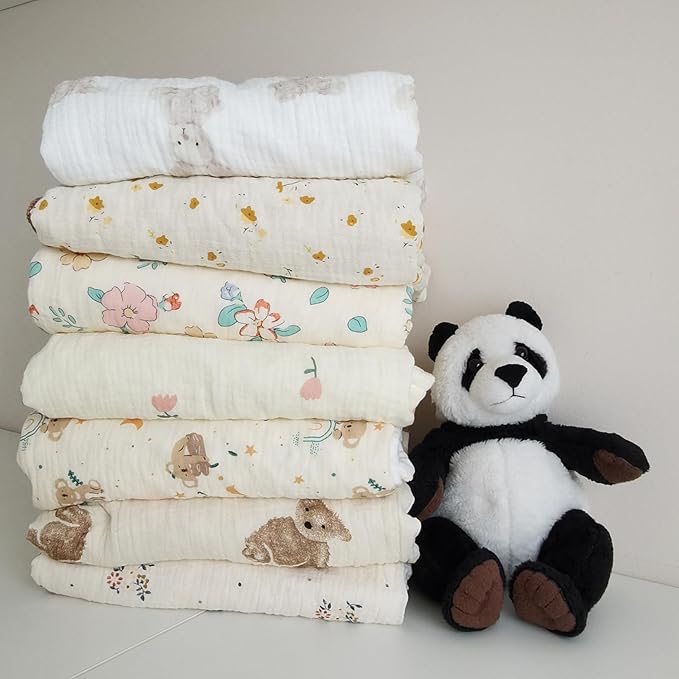 Baby Blanket Double Layer Cotton Muslin Thick Quilt Neutral 40x40Inch Soft Throw Blanket Bear Pattern