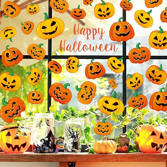 AnyDesign 9 Sheet Halloween Pumpkin Window Clings Funny Pumpkin Expressions Double-Sided Window Stickers Decorative Window Decals Reusable for Halloween Home School Office Accessories Party Supplies