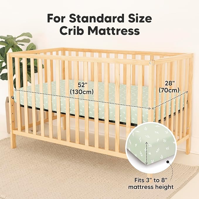 2-Pack Waterproof Baby Crib Sheets for Boys, Girls - 52x28 Viscose Derived from Bamboo Toddler Bed Sheet Neutral, Fitted Crib Mattress Protector Cover for Baby Bedding, Soft & Gentle (Herb)