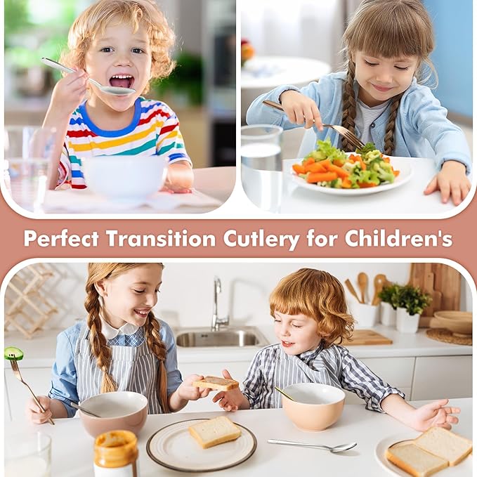 DRKIO Stainless Steel Toddler Utensils Set - 6 Pieces Kids Silverware Set Children Safe Food Grade Small Forks and Spoons Dishwasher Safe Mirror Polished