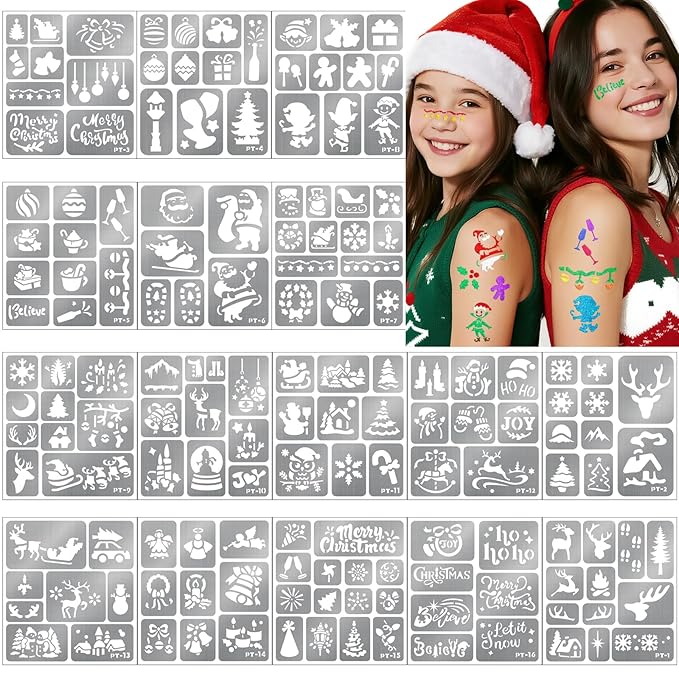158 PCS Christmas Temporary Tattoo Stencils for Kids, Face and Body Paint Stencils Kit, Girl Boy Glitter Xmas Santa Tattoos Stencils Pack for Christmas Kids School Show Birthdays Party Favor Supplies