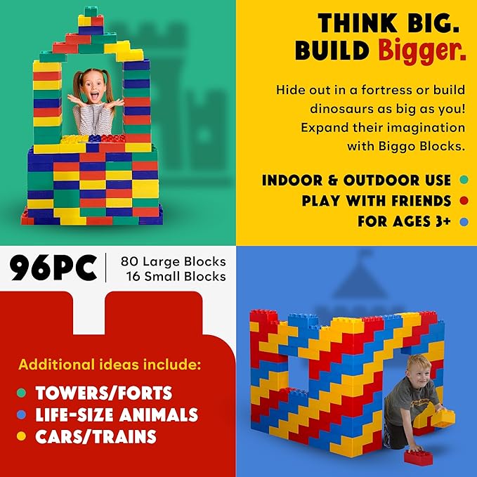 Big Blocks for Kids Ages 4-8, Indoor & Outdoor Blocks for Kids Jumbo Games, Large Building Blocks (96 PC) Standard Set