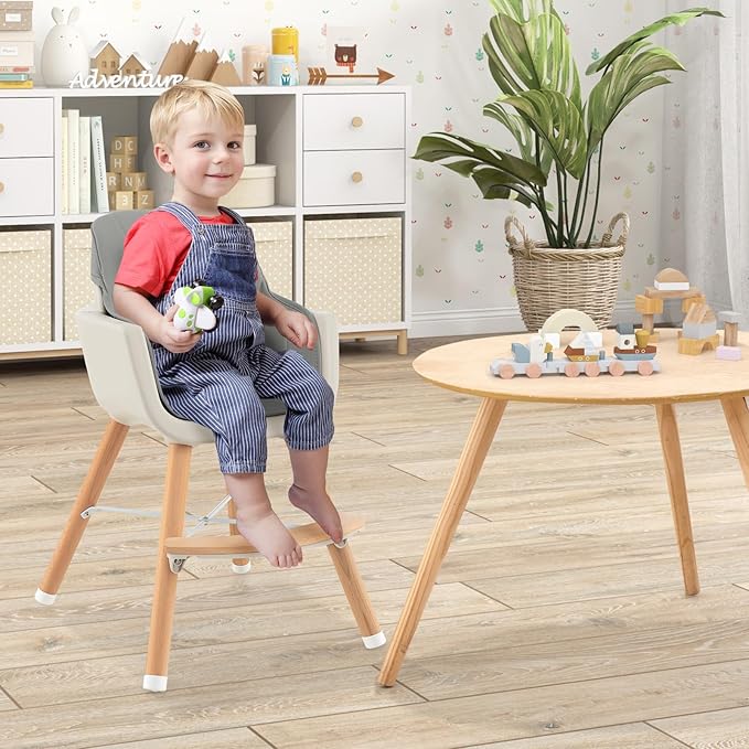 HONEY JOY High Chair, 3-in-1 Eat & Grow Wooden Highchair/Toddler Chair with Removable Tray, 5-Point Harness, PU Cushion and Footrest for Baby, High Chair for Babies and Toddlers(Gray)
