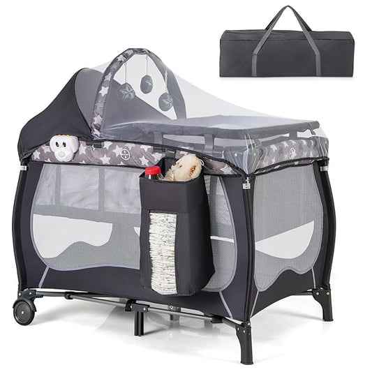 HONEY JOY Pack and Play, 4 in 1 Portable Baby Playard with Bassinet, Changing Table, Lockable Wheels, Music Box, Foldable Travel Baby Crib Nursery Center from Newborn to Toddler(Gray)