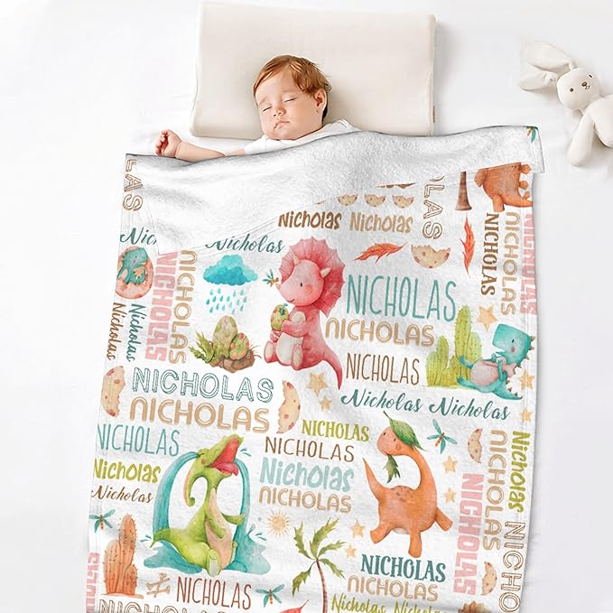 Personalized Baby Blanket for Girls Boys Kids Dinosaur Custom Baby Blanket with Name Throw Birthday Gift for Toddlers Infants Shower Newborns Nursery Stroller Crib Bed Decor