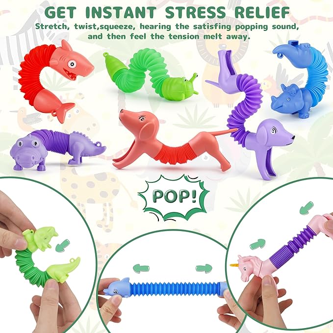 20Pcs Animal Pop Tubes Fidget Toys,Party Favors, Carnival Prizes,Birthday Gifts for Kids, Stress Relief Sensory Toys for Kids 3-8, Piñata Stuffers