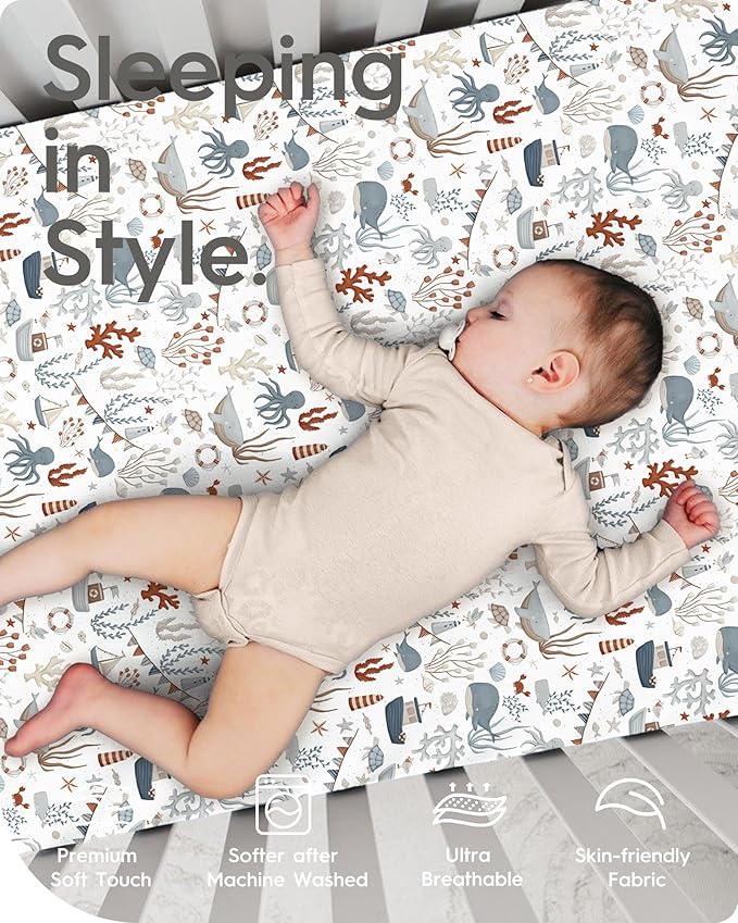 Pack and Play Sheets Fitted, Ultra Soft Mini Crib Sheets Boy, Neutral Pack N Play Mattress Sheets Hypoallergenic and Soothing, Premium Jersey Playrad Sheets, Dino Sea Animals, 2 Pack