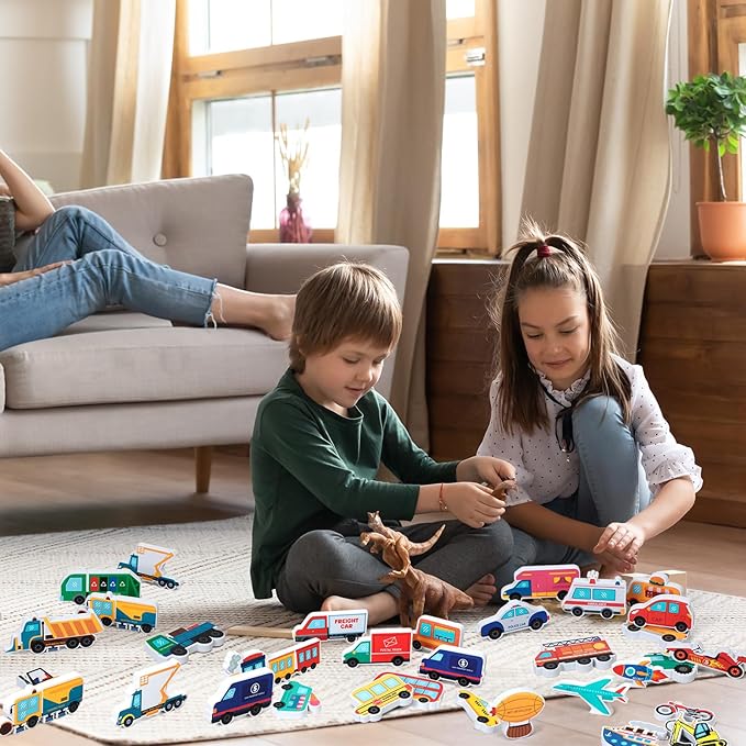 Kathfly 36 Pcs Wooden Community Helpers Community Wooden Toy Preschool Little Professionals Block Vehicles Set Multicultural Vehicles Creative Play for Social Learning, Educational Model