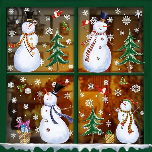 Snowman Window Clings, Christmas Windows Stickers, Snowflake Double-Side Window Clings for Glass, Xmas Windo Decals Christmas Decorations Indoor Holiday for Party