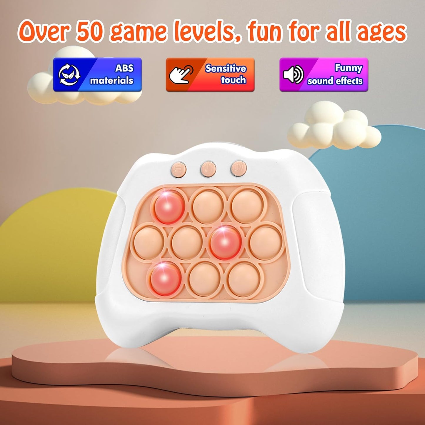 Quick Push Bubble Game,Popping Game Light up Pop Fidget Toy for Kids,Fast Push Console Game for Ages 3-12 for Boys and Girls,Handheld Puzzle Game Sensory Toys (White Universal)