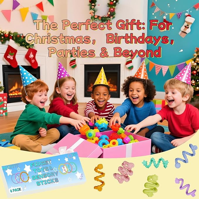 Fidget Toys Sensory Sticks (6 Pack) - Textured Stress Relief Toys for Kids - Sensory Toys for Autism, ADHD, Stress Relief - Calming Classroom Must Haves, Travel Essentials for Kids & Adults