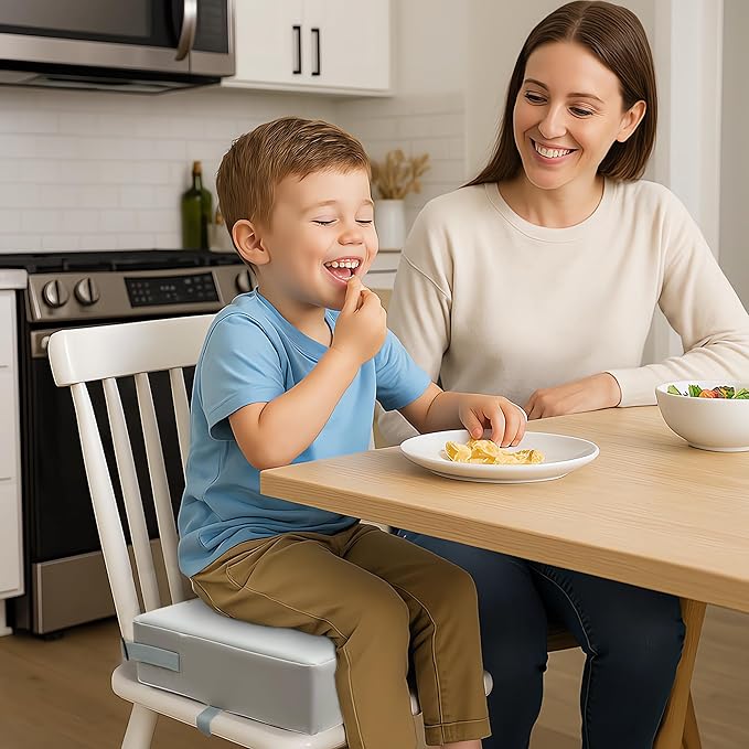Toddler Booster Seat for Dining Table, 2 Elastic Seat Belts, Anti Scratch PU Skin-Friendly, Waterproof, Anti-Wrinkle, Detachable Non-Slip Bottom - Light Gray
