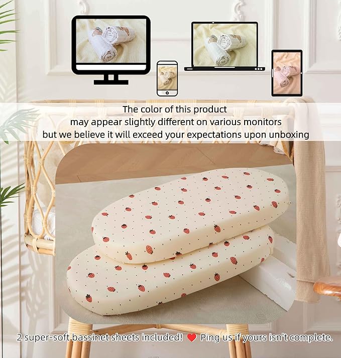 SDY Strawberry Bassinet Sheets for Baby Girl and Boy Set 2 Pack 32 * 16 * 4 inches,Jersey Baby Bedding Fit Hourglass Oval Rectangle Bassinet Mattress，Newborn Essentials (Strawberry&Polka Dot)