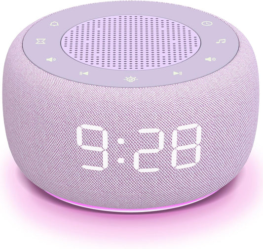 Buffbee Sound Machine & Alarm Clock 2-in-1, 0-100% Clock Face Brightness, Bottom Colored Light, Sleep Timer, Precise 30-Level Volume White Noise Machine, Digital Alarm Clocks for Bedrooms - Purple