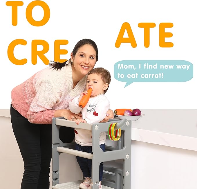 SDADI Adjustable Height Kids Kitchen Step Stool with Removable Safety Rails and Anti-Slip Protection- Toddler Standing Tower with with Ring Toss for Learning and Playing (Dark Grey and Light Grey)