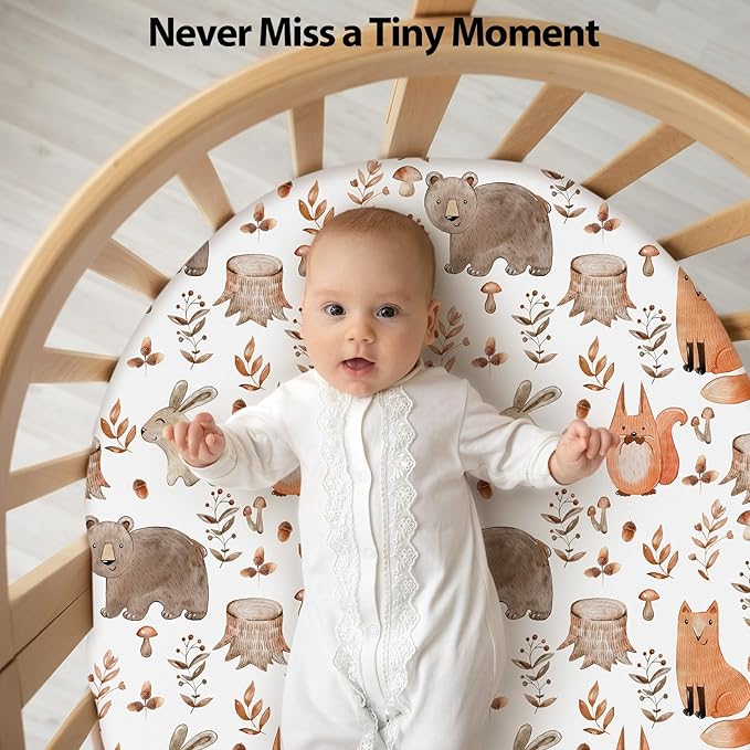 Baby Bassinet Sheets Girl Boy, Fitted Bassinet Sheet Set 3 Pack Bassinet Mattress Sheets Universal Fit for Rectangle, Round, Oval, Hourglass Mattress, Soft Breathable Green & Brown Fox