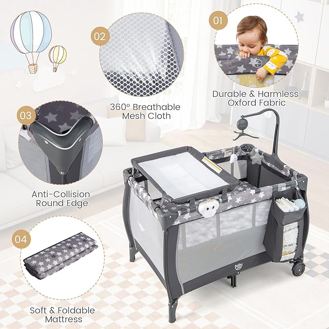 Costzon 3 in 1 Pack and Play with Bassinet, Portable Baby Playard with Changing Table, Music Box, Whirling Toys, Wheels/Brake, Basket, Bag, Foldable Infant Bassinet for Baby Toddlers Indoor Outdoor