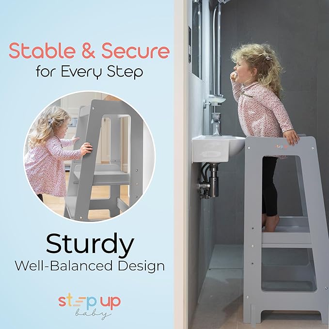 Stepup Baby Toddler Step Stool - Adjustable Height Kids Helper Step Stool, Durable, Non-Slip & Bathroom Sink, Platform for Kitchen, Toddler Tower for Exploration and Growth - Grey