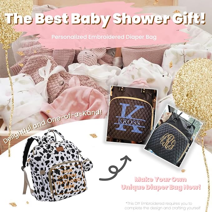 Diaper Bag Backpack with Changing Pad, Pacifier Case, Baby Bag for Boy Girl Toddler - Large, Stylish, Waterproof Travel Quilted Diaper Bag for Mom - Baby Shower Registry - Cow