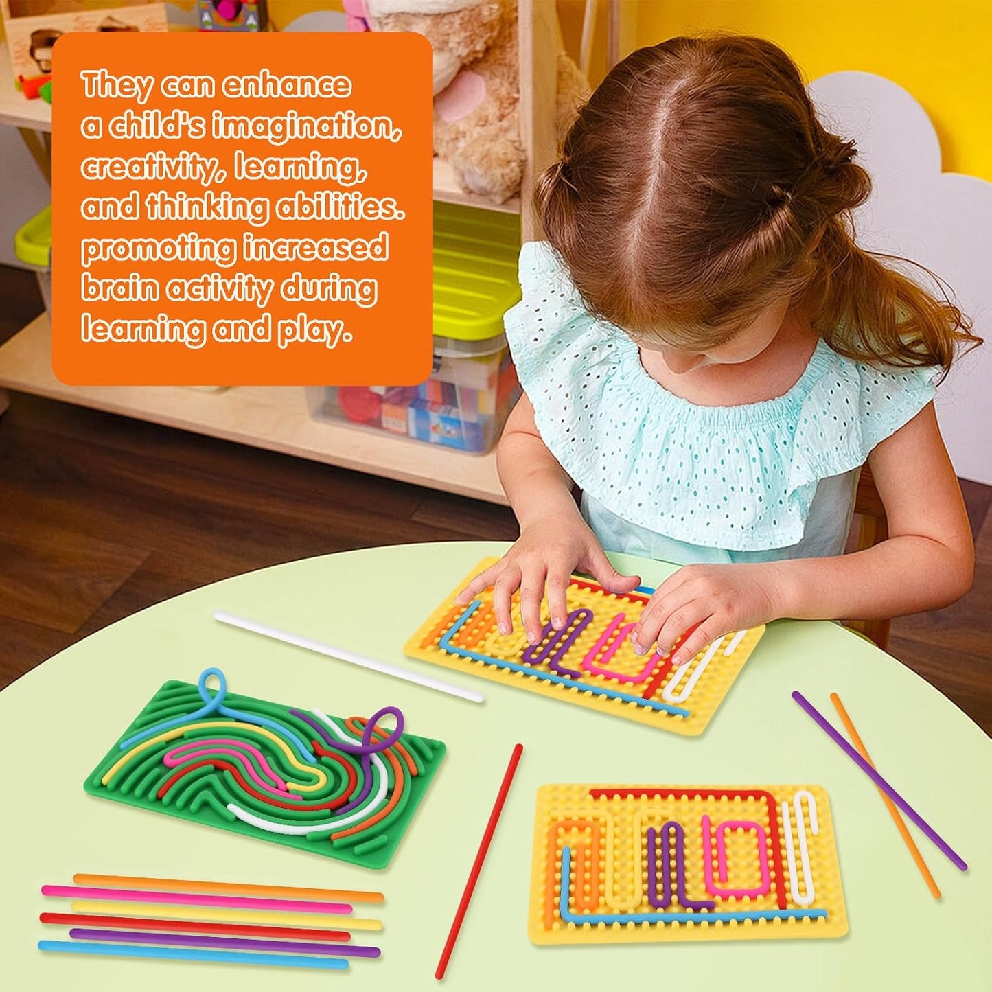 2psc Fidget Toys Sensory Activity Board with 20 Strings, Silicone Sensory Toys for ADHD Autism Stress Relief, Educational Learning Toys for Kids 3+ Years Old, Yellow & Green