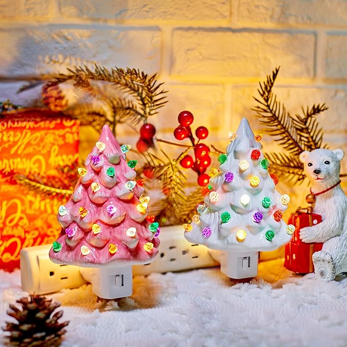 Brightown 2 Pack Ceramic Christmas Tree Night Light, Pink and White